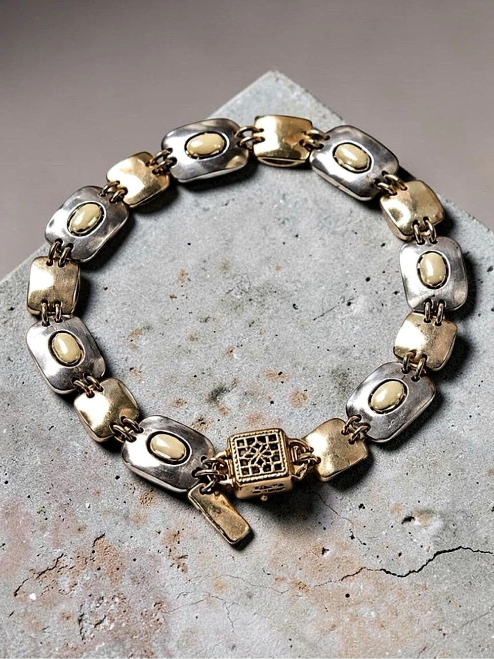 Vintage Holly Yashi Moonstone
Bracelet • Silver and Gold Tone Link Design • Arti